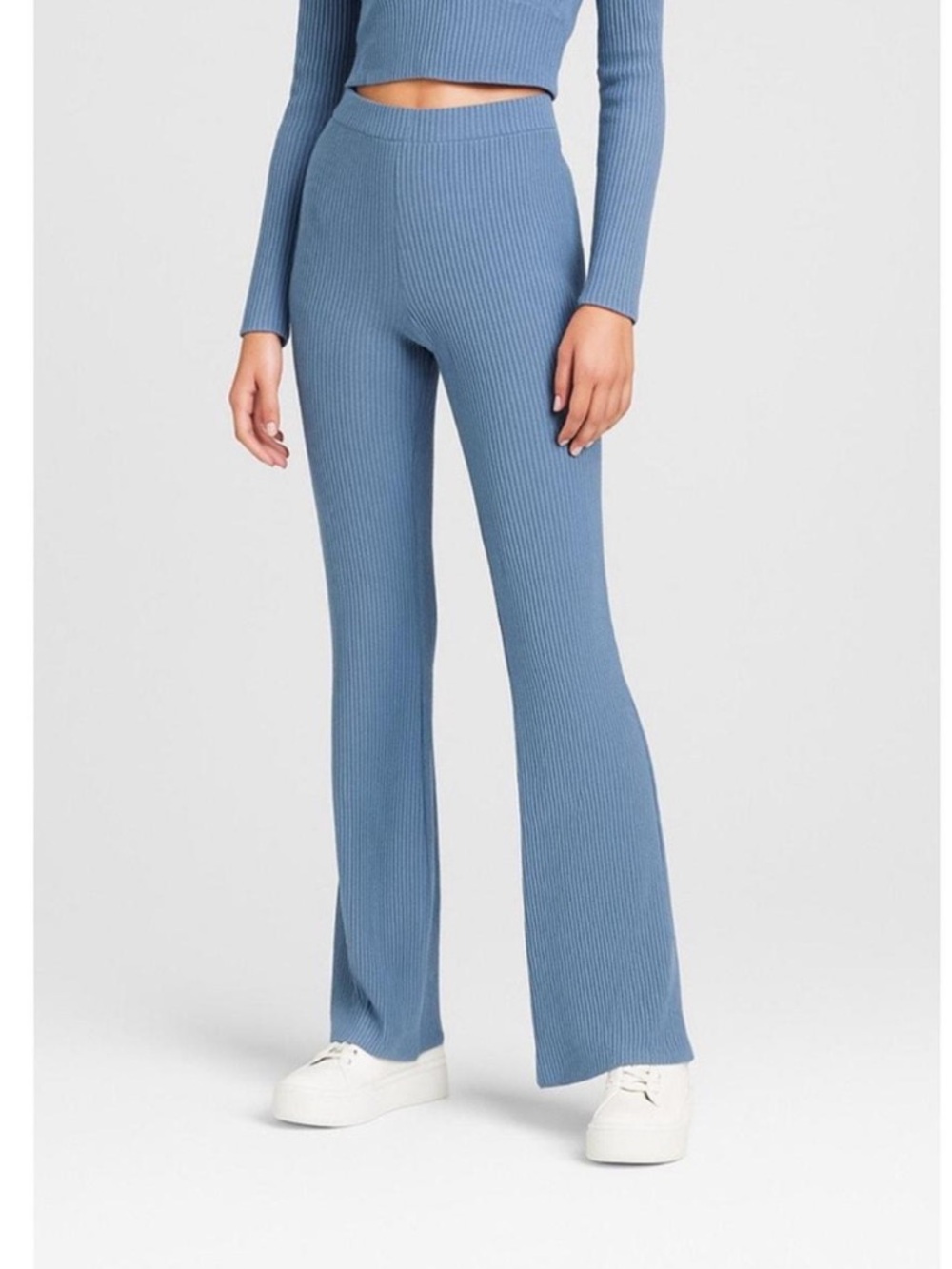 Ribbed High-Waist Flare Pants and top sleep set in Gray